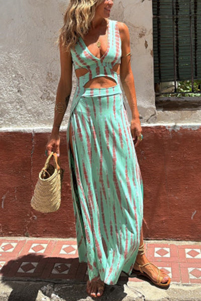 ANGELICA - CUTOUT NECKLINE SLIT STRETCH DRESS